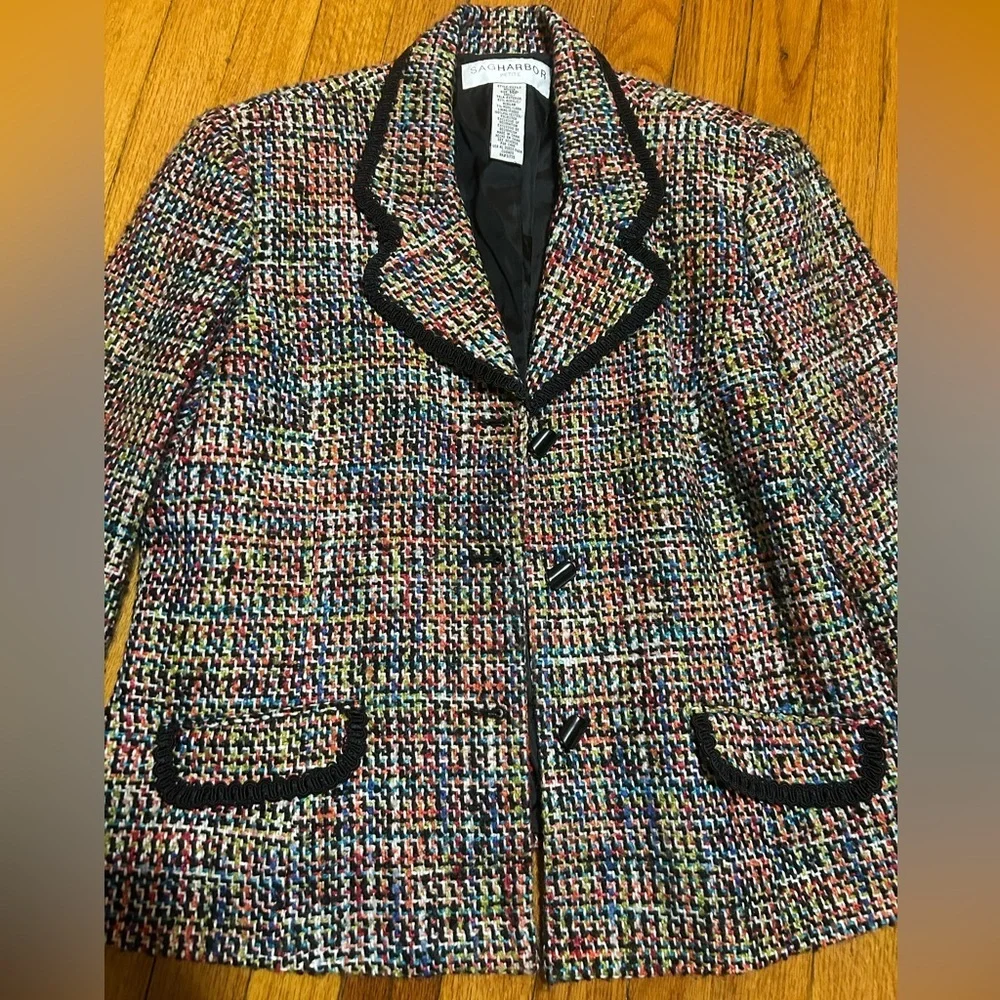 Y2K Sagharbor Women’s Wool Blazer Button Up Multi Colors Suit Jacket Size 14P - Picture 2 of 11